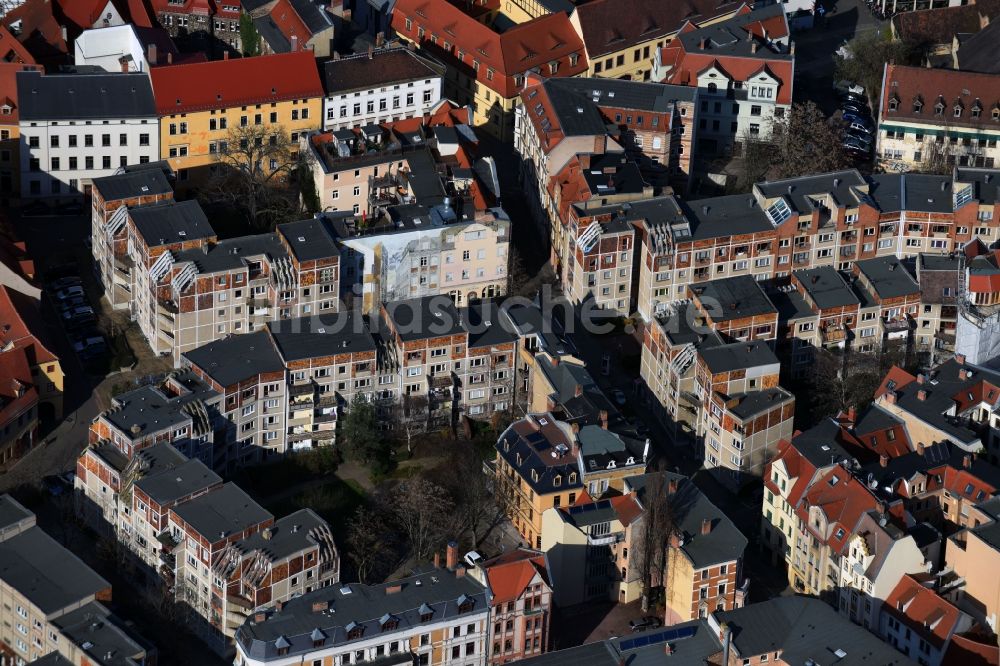 Halle (Saale) aus der Vogelperspektive: Plattenbau- Hochhaus- Wohnsiedlung Große Klausstraße Ecke Oleariusstraße in Halle (Saale) im Bundesland Sachsen-Anhalt