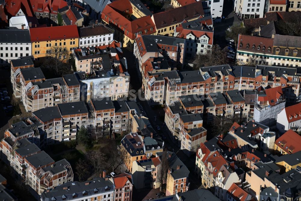 Halle (Saale) von oben - Plattenbau- Hochhaus- Wohnsiedlung Große Klausstraße Ecke Oleariusstraße in Halle (Saale) im Bundesland Sachsen-Anhalt