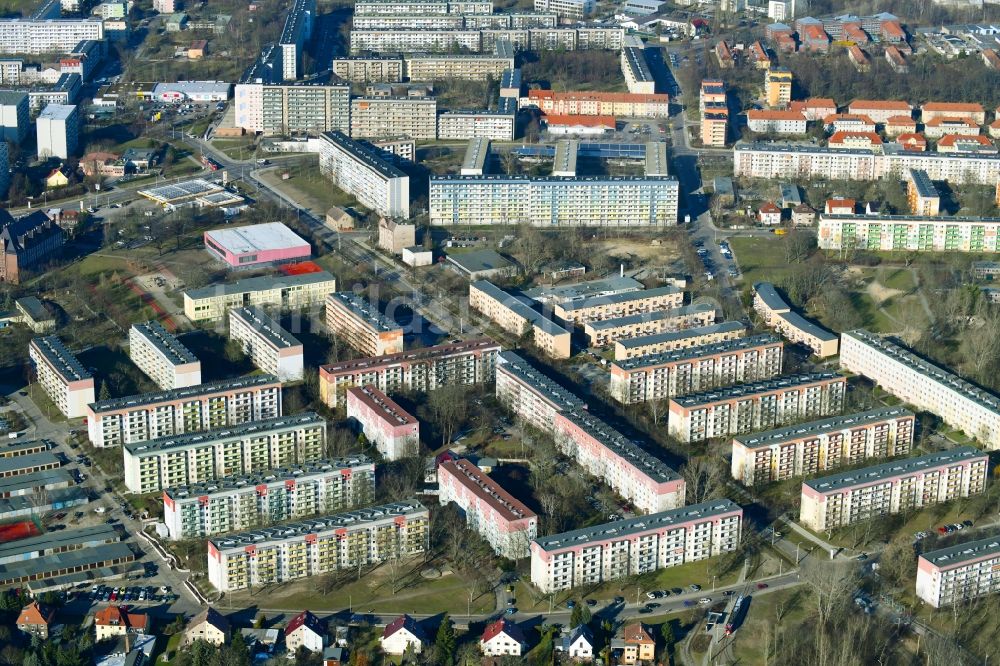 Cottbus von oben - Plattenbau- Hochhaus- Wohnsiedlung Kahrener Straße - Muskauer Straße in Cottbus im Bundesland Brandenburg, Deutschland