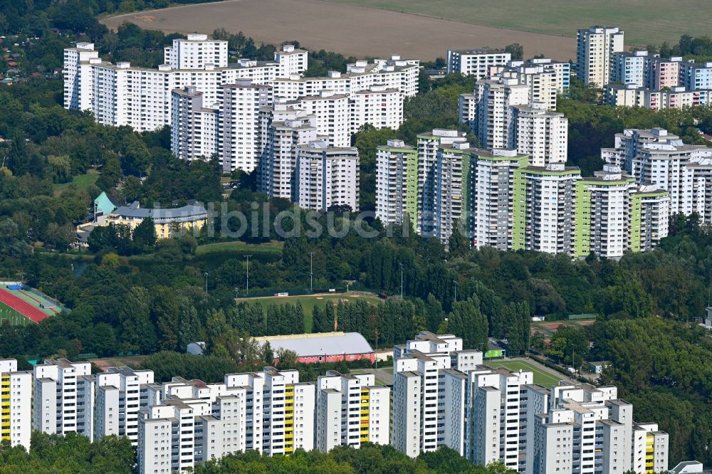 Berlin aus der Vogelperspektive: Plattenbau- Hochhaus- Wohnsiedlung Am Senftenberger Ring im Ortsteil Märkisches Viertel in Berlin, Deutschland