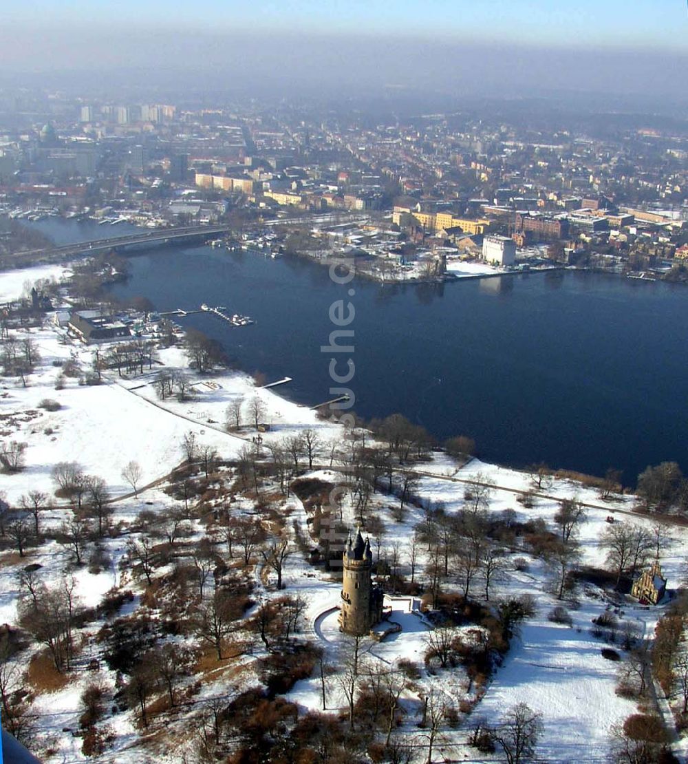 Potsdam/Brandenburg von oben - Potsdam 13.02.2003 Winterstimmung am Flatowturm im Babelsberger Park in Potsdam Pilot: Grahn