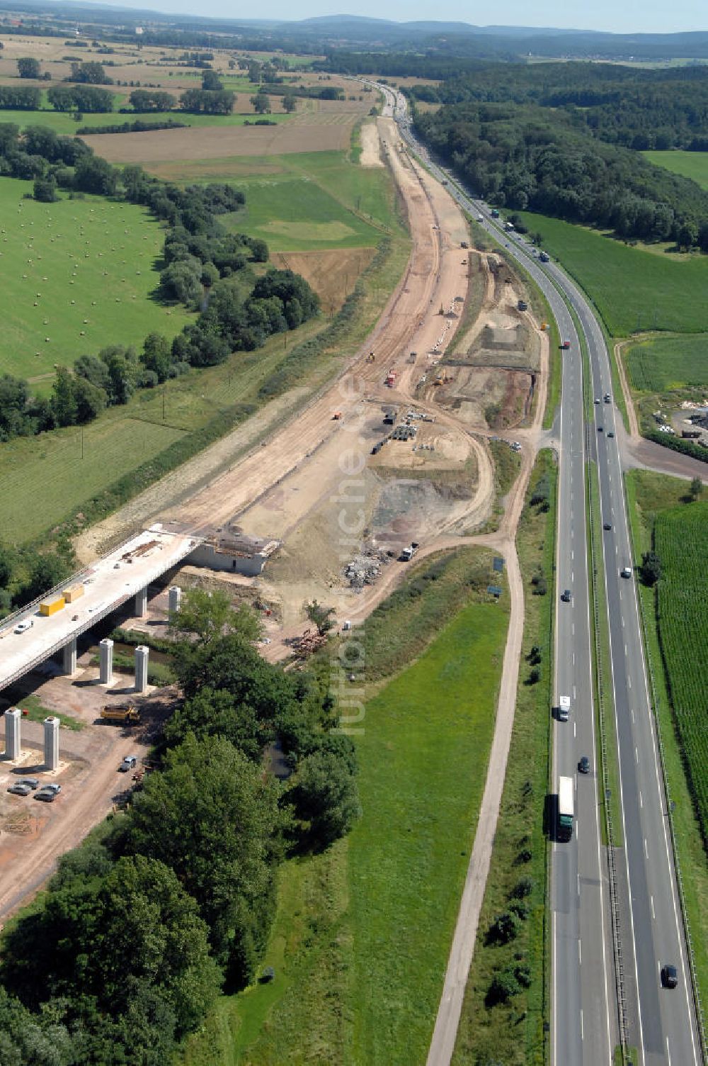 Sättelstädt aus der Vogelperspektive: Projekt Nordverlegung Hörselberge der Autobahn E40 / A4 bei Sätt