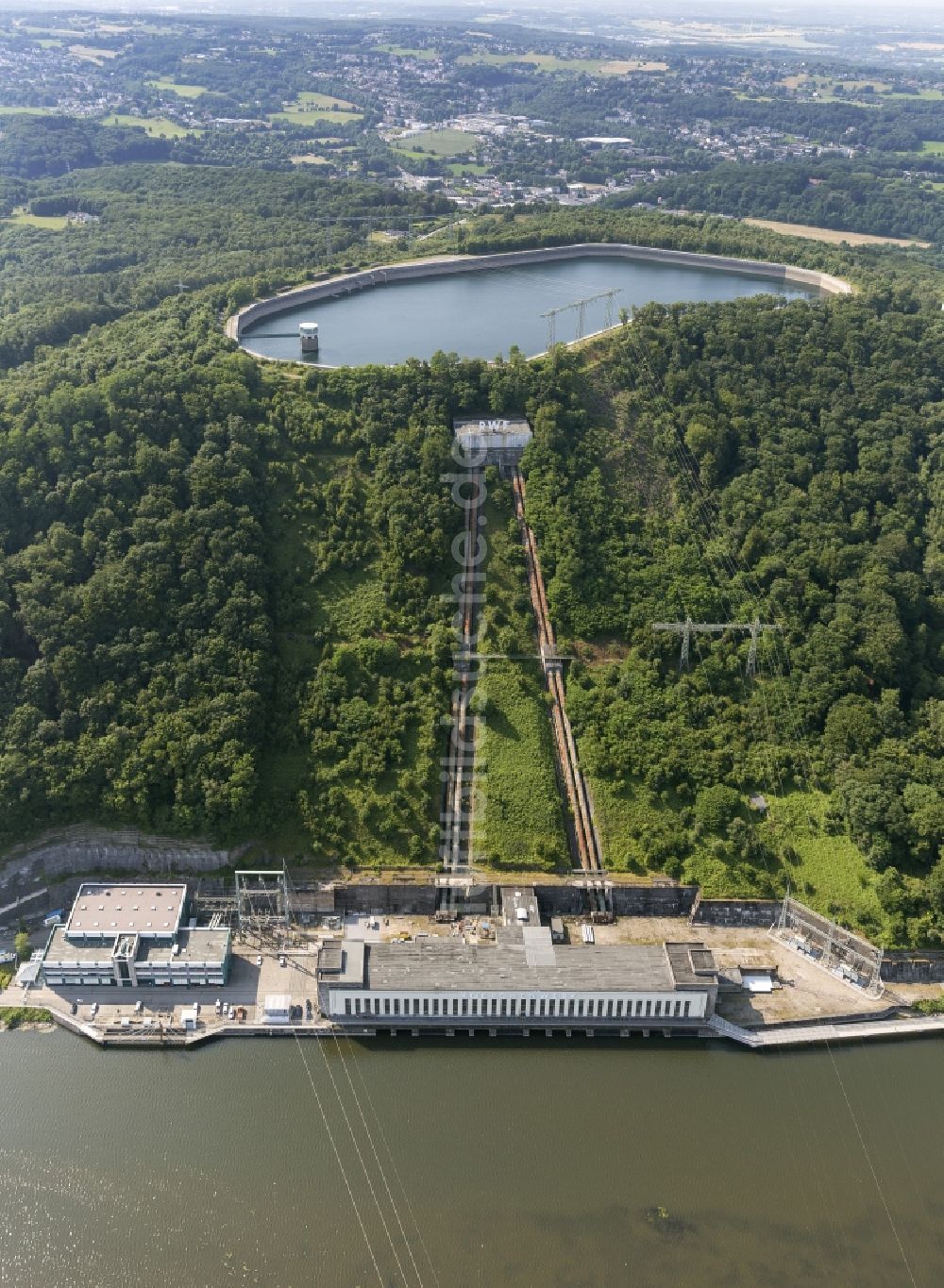 Herdecke von oben - Pumpspeicherkraftwerk Koepchenwerk, einem Wasserkraftwerk mit Energie- Speicher am Hengsteysee in in Herdecke im Bundesland Nordrhein-Westfalen