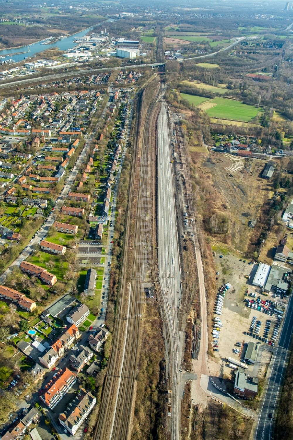 Herne von oben - Rangierbahnhof und Güterbahnhof Horsthausen der Deutschen Bahn in Herne im Bundesland Nordrhein-Westfalen