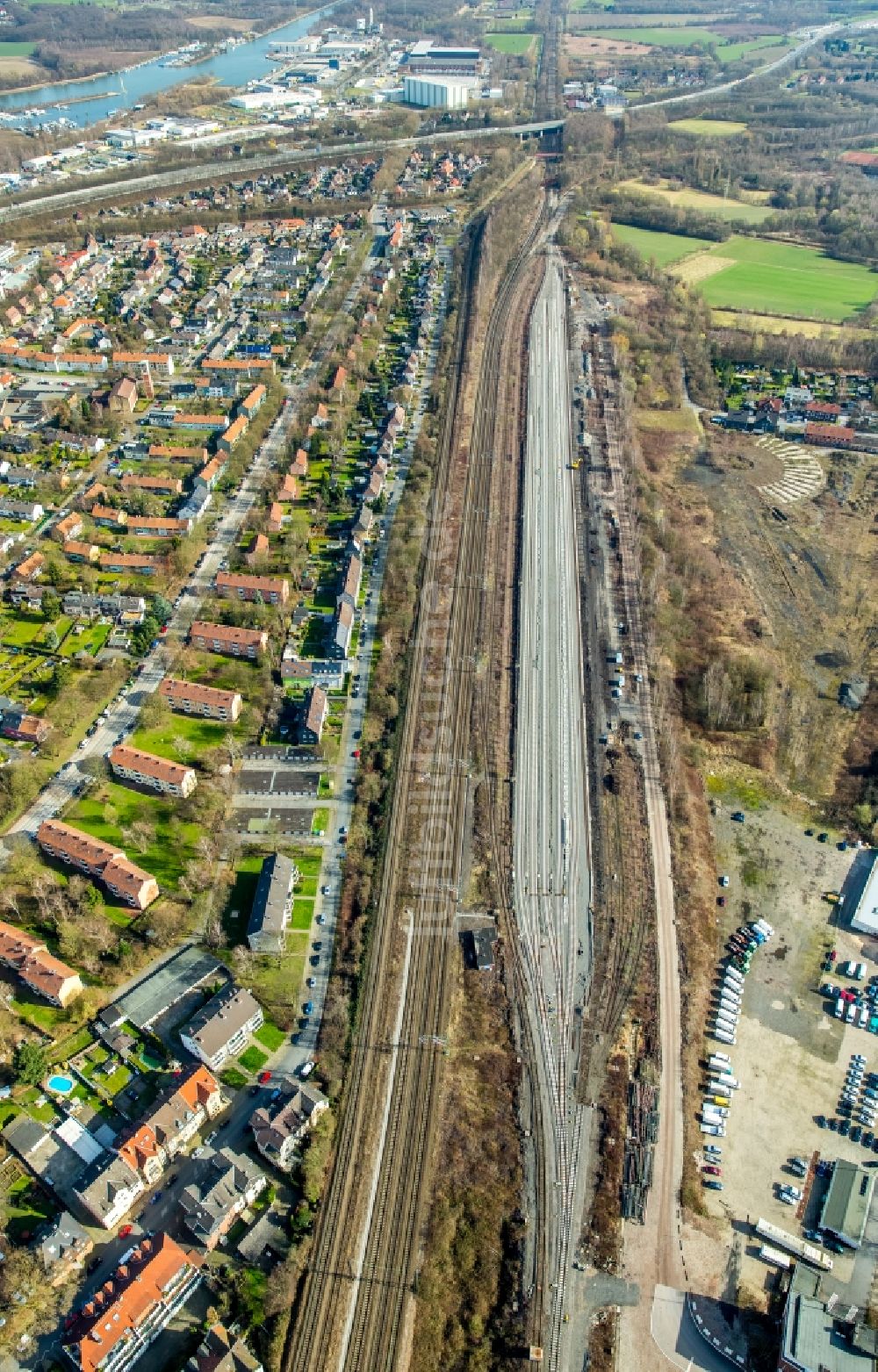 Herne aus der Vogelperspektive: Rangierbahnhof und Güterbahnhof Horsthausen der Deutschen Bahn in Herne im Bundesland Nordrhein-Westfalen