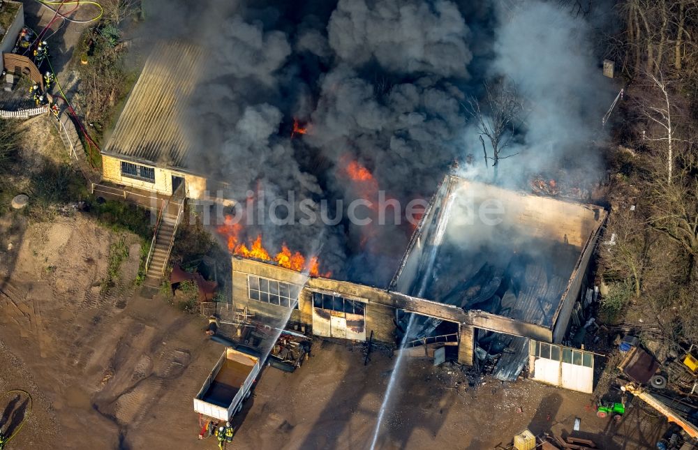 Luftbild Pulheim - Rauch- und Flammenbildung während der Löscharbeiten zum Brand einer Lagerhalle des Terra Kieswerkes am Ufer des Pullheimer See in Pulheim im Bundesland Nordrhein-Westfalen