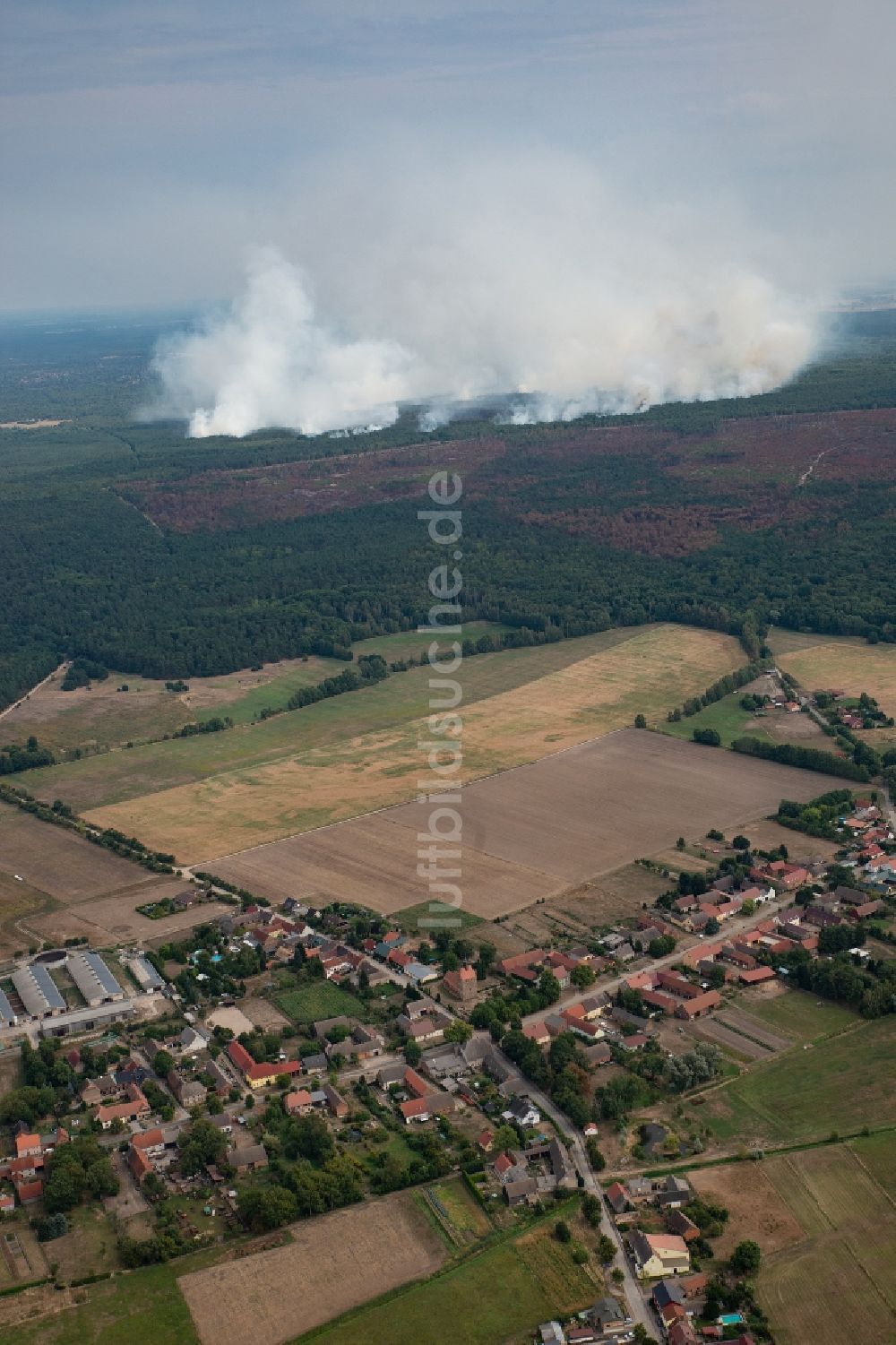 Bardenitz von oben - Rauchschwaden eines Brandes im Baumbestand eines Waldgebietes in Bardenitz bei Treuenbrietzen im Bundesland Brandenburg, Deutschland