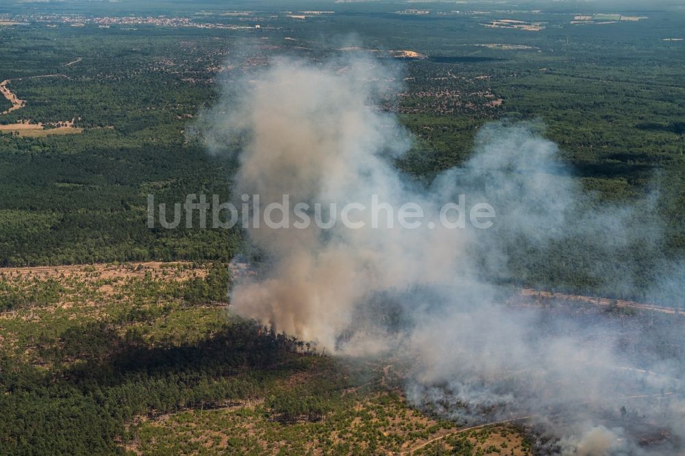 Luftaufnahme Jüterbog - Rauchschwaden eines Brandes im Baumbestand eines Waldgebietes in Jüterbog im Bundesland Brandenburg, Deutschland