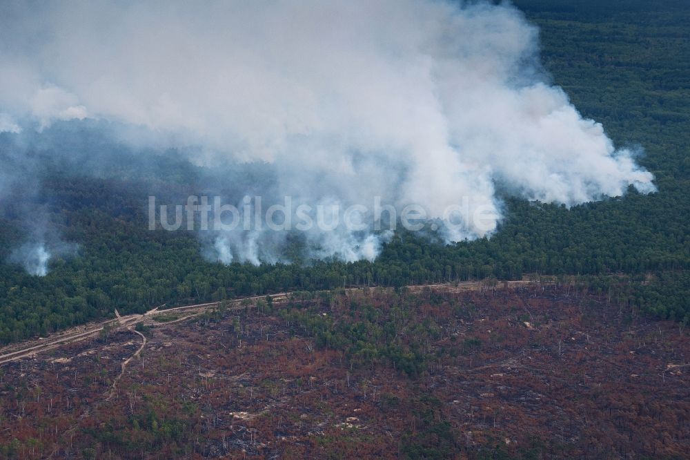 Klausdorf von oben - Rauchschwaden eines Brandes im Baumbestand eines Waldgebietes in Klausdorf im Bundesland Brandenburg, Deutschland