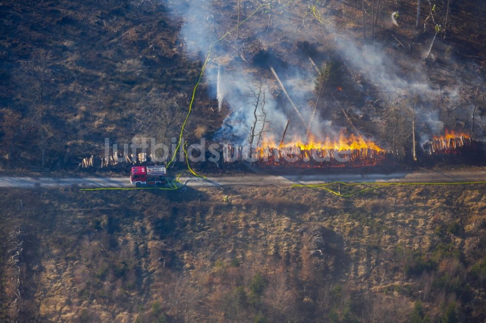 Staufenberg aus der Vogelperspektive: Rauchschwaden eines Brandes im Baumbestand eines Waldgebietes in Staufenberg im Bundesland Niedersachsen, Deutschland