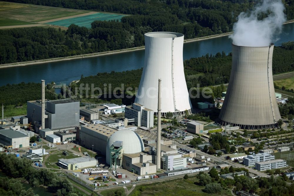 Philippsburg von oben - Reaktorblöcke und Anlagen des AKW - KKW Kernkraftwerk in Philippsburg im Bundesland Baden-Württemberg