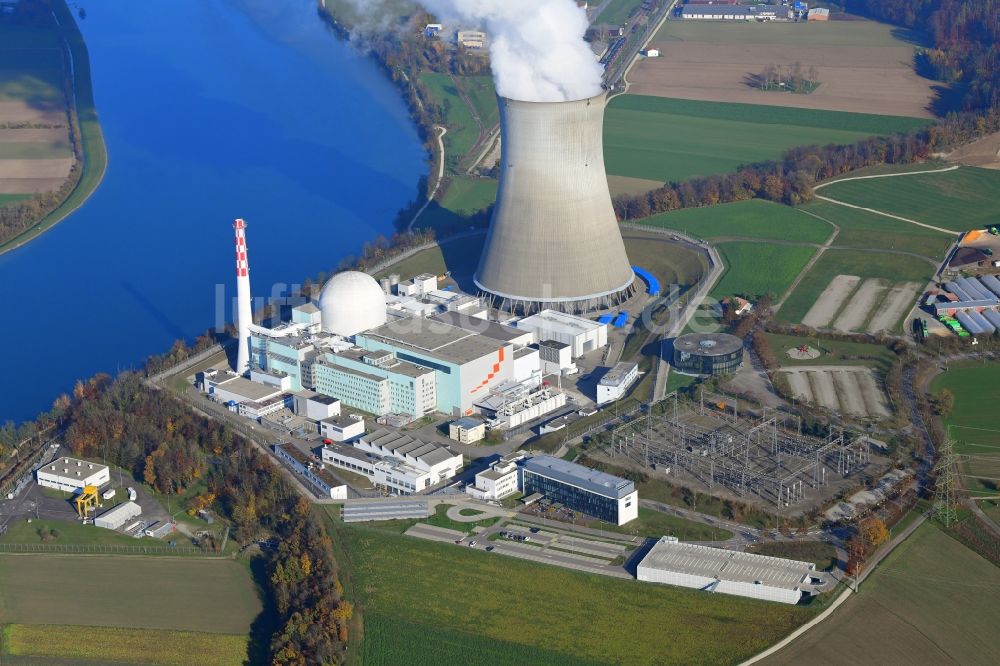 Luftaufnahme Leibstadt - Reaktorblock und Anlagen des AKW - KKW Kernkraftwerk KKL in Leibstadt am Rhein im Kanton Aargau, Schweiz