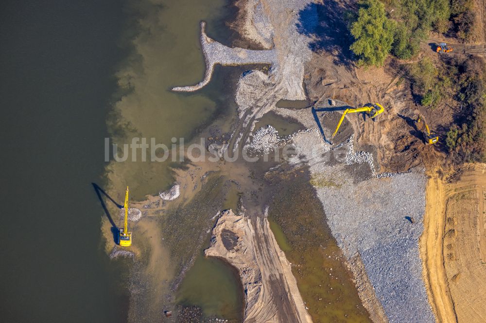 Eppinghoven von oben - Renaturierung an den Uferbereichen des Flusses Emscher an der Mündung in den Rhein in Eppinghoven im Bundesland Nordrhein-Westfalen, Deutschland