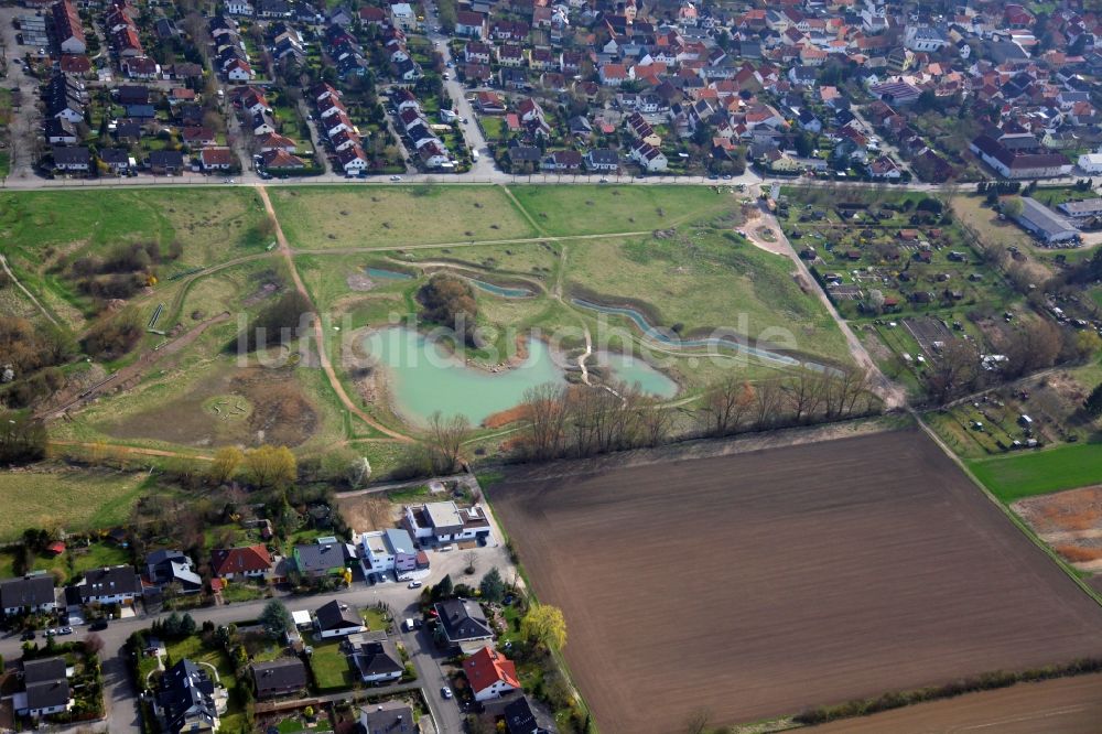 Saulheim aus der Vogelperspektive: Renaturierungsmaßnahmen mit Rückhaltebecken des Saulheimer Bachs in Saulheim im Bundesland Rheinland-Pfalz