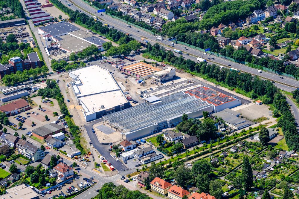 Luftaufnahme Recklinghausen - Revitalisierung und Erweiterungs- Baustelle am Gebäudekomplex des Einkaufszentrum REWE in Recklinghausen im Bundesland Nordrhein-Westfalen, Deutschland