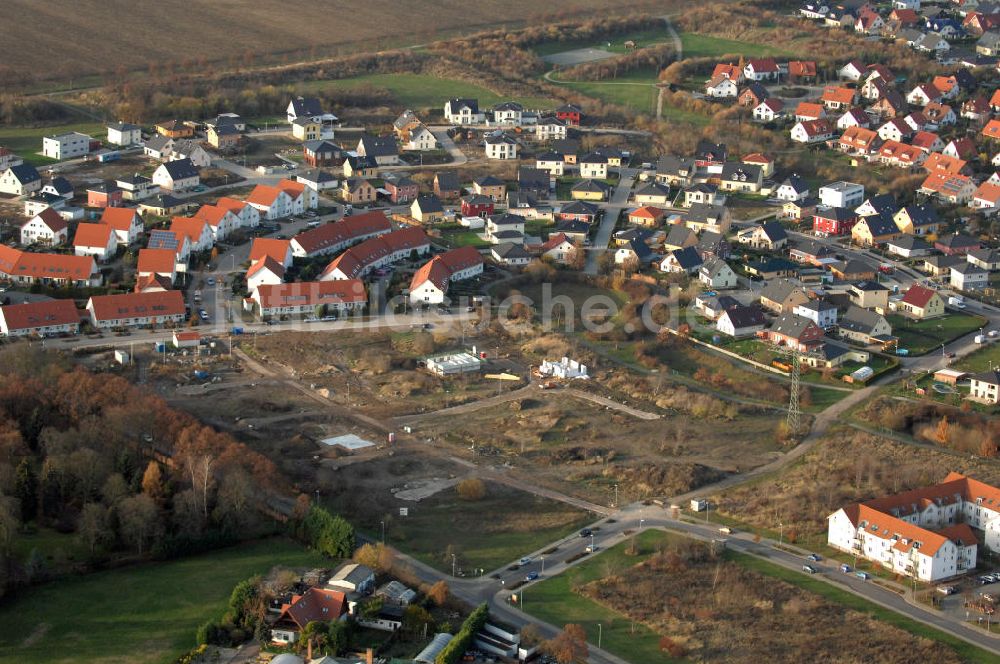 Magdeburg von oben - Rohbau- Baustelle im Wohngebiet Am Birnengarten in Magdeburg-Ottersleben