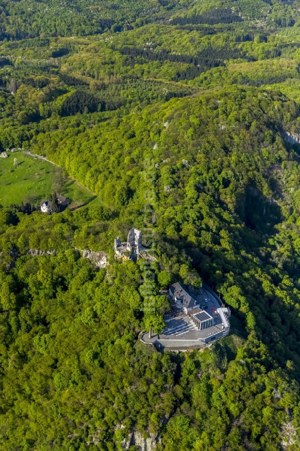 Luftaufnahme Königswinter - Ruine der Burg Drachenfels im herbstlich gefärbten Wald am Rheinufer in Königswinter im Bundesland Nordrhein-Westfalen