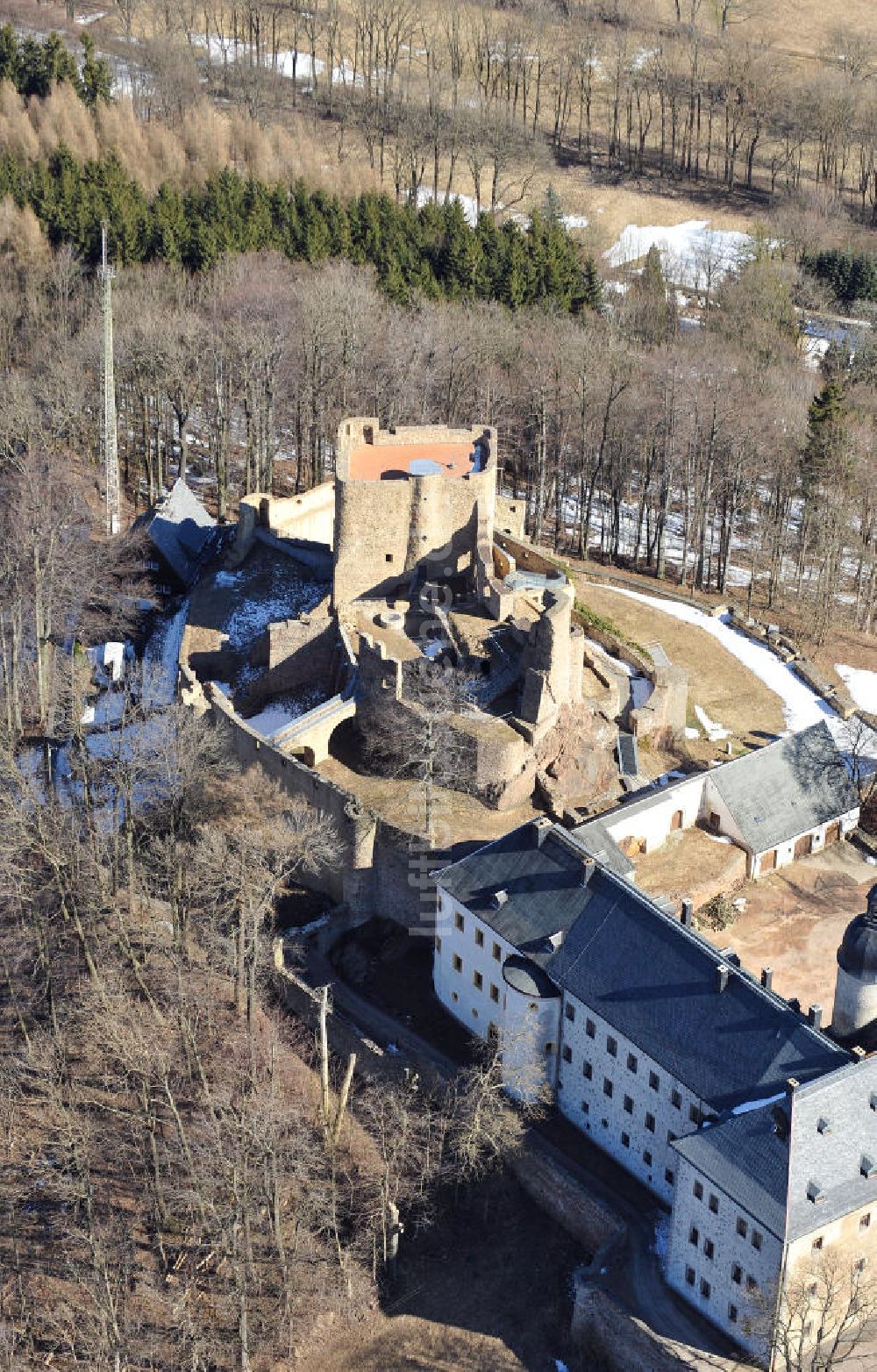 Luftbild Frauenstein - Ruine der Burg Frauenstein im Erzgebirge