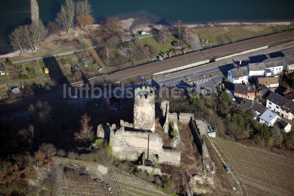 Luftaufnahme Rheindiebach - Ruine der Burg Fürstenberg über Rheindiebach im Bundesland Rheinland-Pfalz