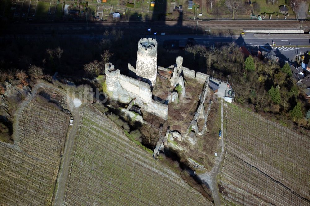 Rheindiebach von oben - Ruine der Burg Fürstenberg über Rheindiebach im Bundesland Rheinland-Pfalz