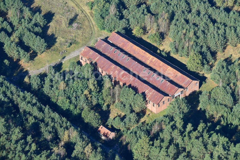 Fürstenwalde/Spree aus der Vogelperspektive: Ruine des ehemaligen Fabrik - Gebäudes in einem Waldgebiet an der B168 in Fürstenwalde/Spree im Bundesland Brandenburg, Deutschland