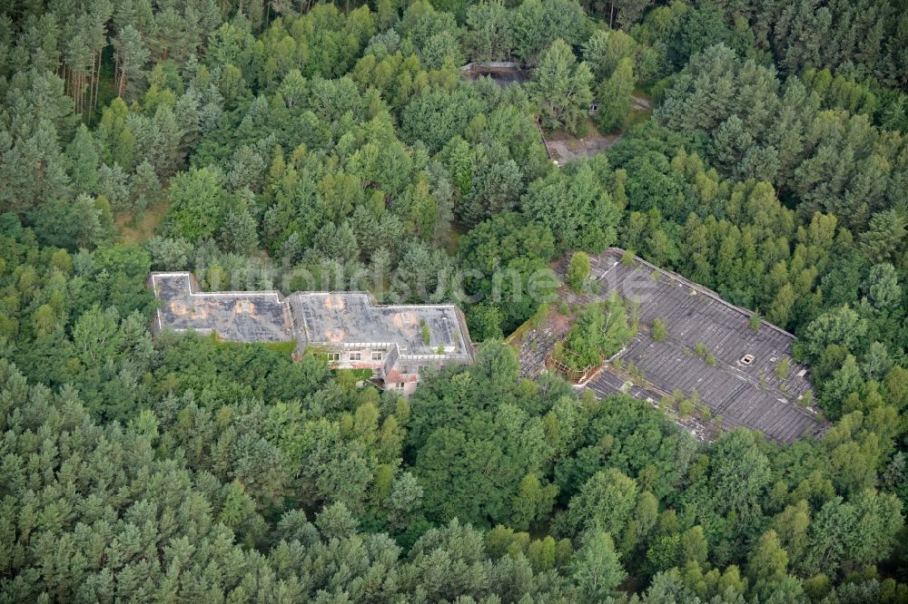 Luftbild Templin - Ruine des ehemaligen Hotel - Gebäudes im Waldstück des Forst Buchheide in Templin im Bundesland Brandenburg