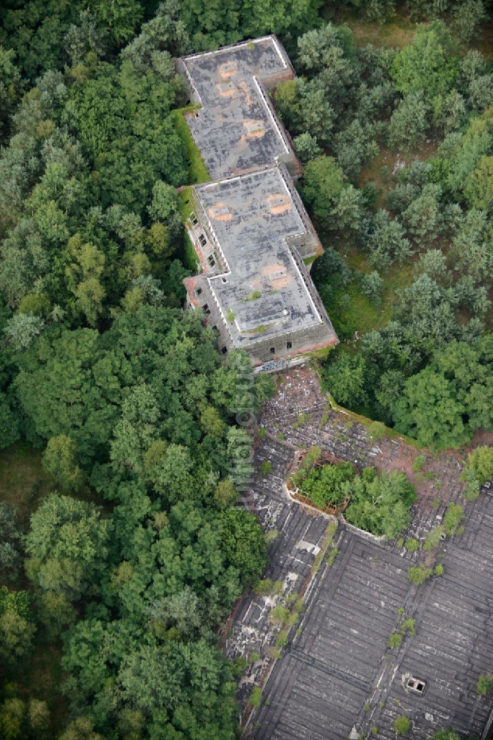 Templin von oben - Ruine des ehemaligen Hotel - Gebäudes im Waldstück des Forst Buchheide in Templin im Bundesland Brandenburg