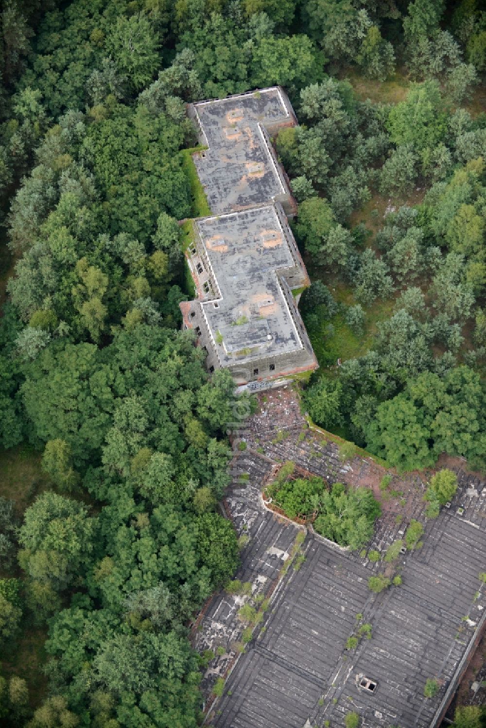 Templin aus der Vogelperspektive: Ruine des ehemaligen Hotel - Gebäudes im Waldstück des Forst Buchheide in Templin im Bundesland Brandenburg