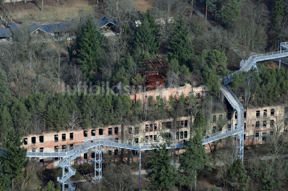 Luftaufnahme Beelitz - Ruine des ehemaligen Klinik- und Krankenhaus - Gebäudes mit dem Baum & Zeit Baumkronenpfad in Beelitz im Bundesland Brandenburg