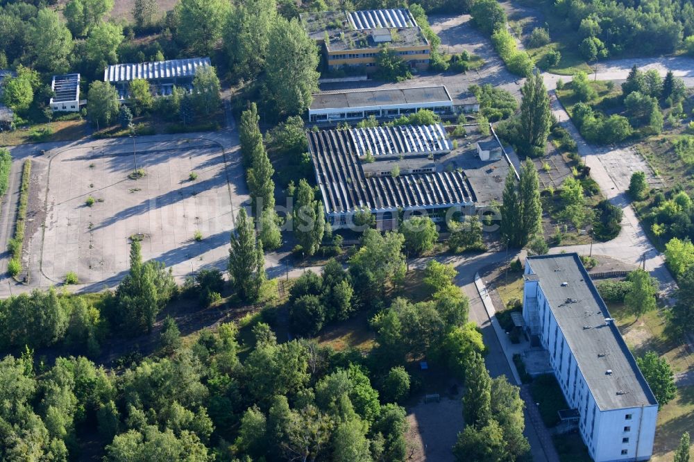 Luftaufnahme Halbe - Ruine der Gebäude und Hallen in Halbe im Bundesland Brandenburg, Deutschland