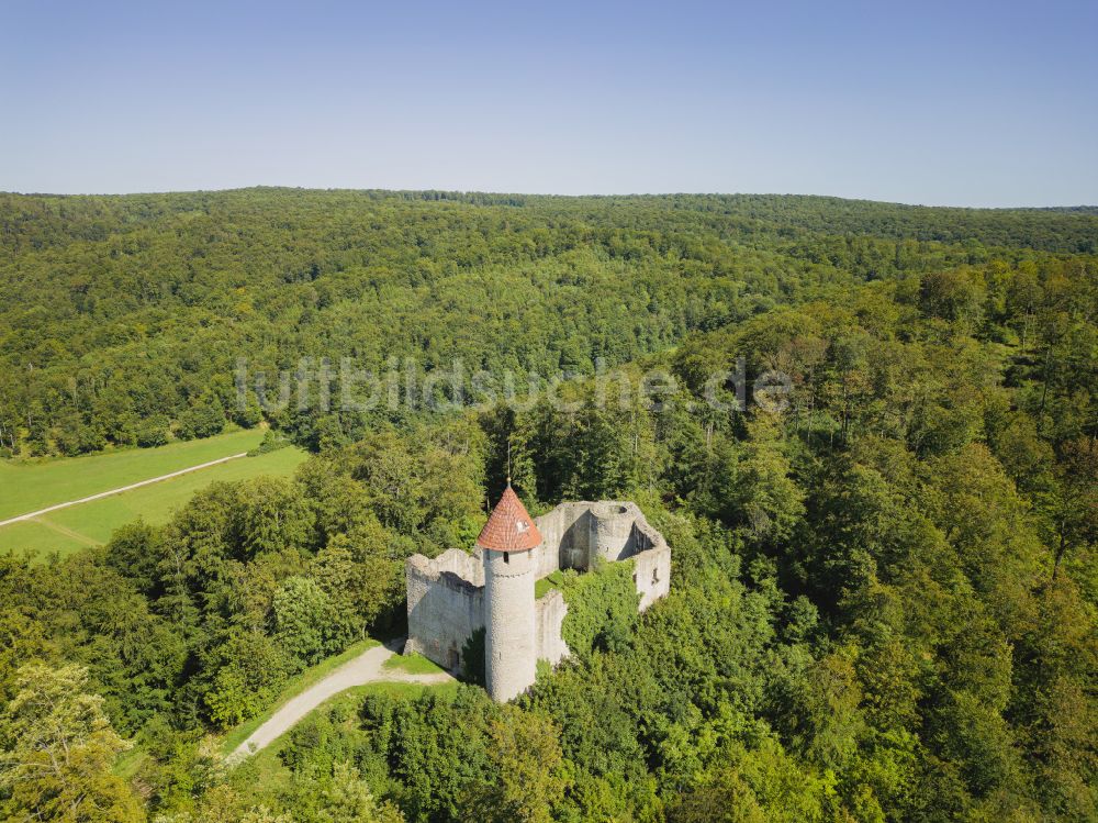 Nazza von oben - Ruine und Mauerreste der Burgruine Haineck in Nazza im Bundesland Thüringen, Deutschland