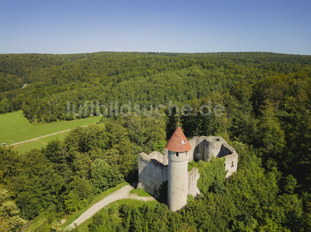 Nazza aus der Vogelperspektive: Ruine und Mauerreste der Burgruine Haineck in Nazza im Bundesland Thüringen, Deutschland