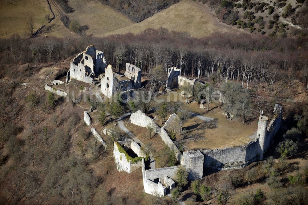 Luftbild Gössenheim - Ruine und Mauerreste der Burgruine Homburg in Gössenheim im Bundesland Bayern, Deutschland