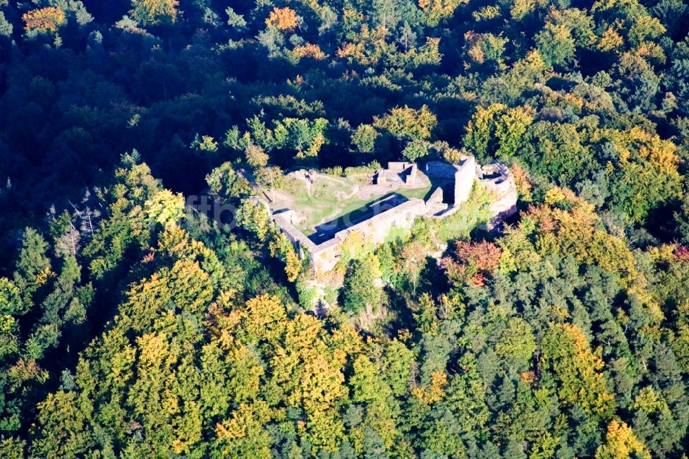 Luftbild Vorderweidenthal - Ruine und Mauerreste der ehemaligen Burganlage Lindelbrunn in Vorderweidenthal im Bundesland Rheinland-Pfalz