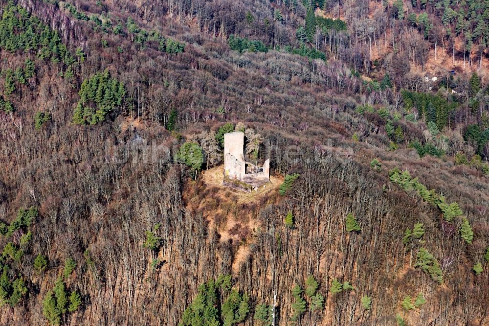 Luftbild Ramberg - Ruine und Mauerreste der ehemaligen Burganlage Ramburg in Ramberg im Bundesland Rheinland-Pfalz, Deutschland