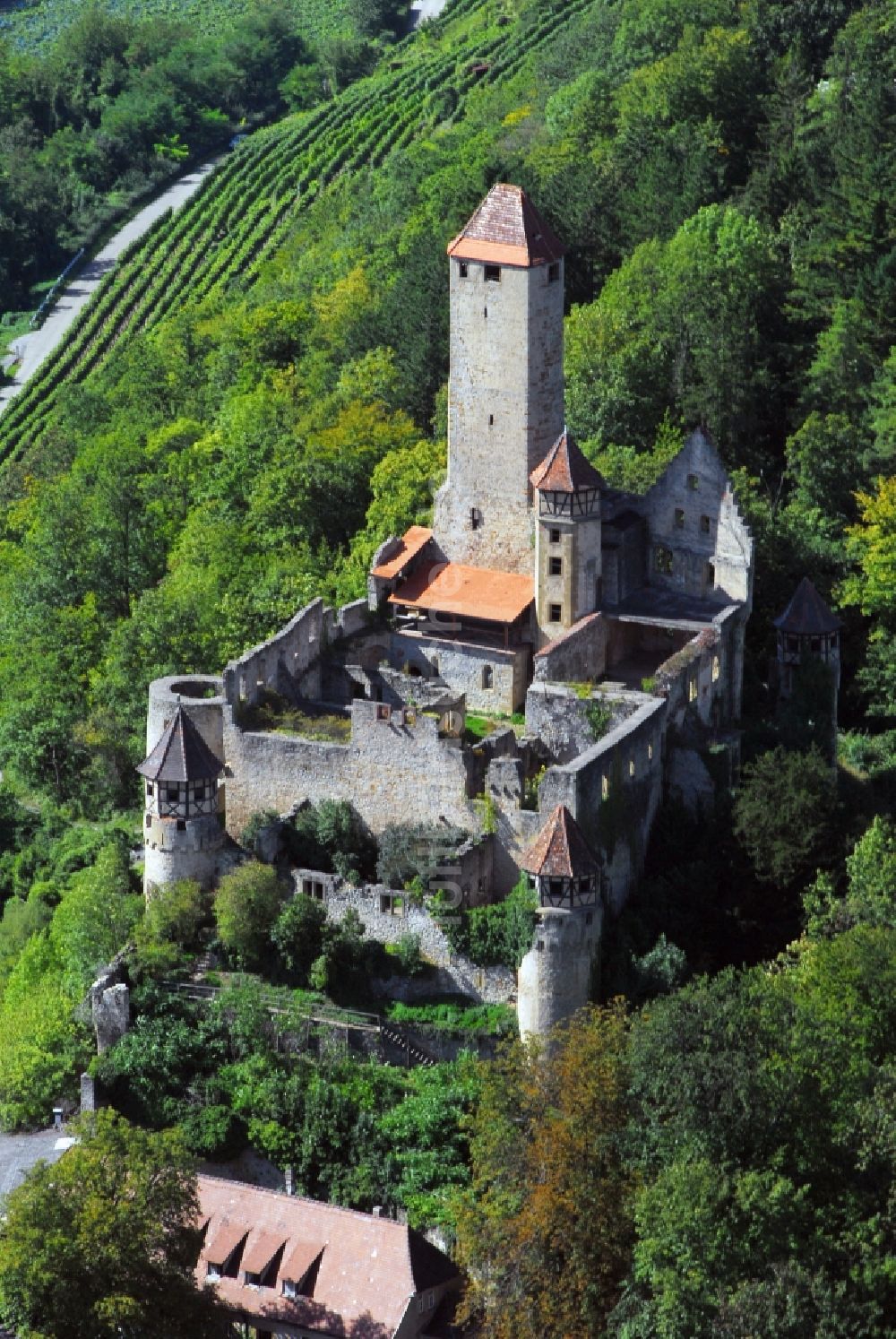 Luftaufnahme Neckarzimmern - Ruine und Mauerreste der ehemaligen Burganlage der Veste Burg Hornberg in Neckarzimmern im Bundesland Baden-Württemberg, Deutschland