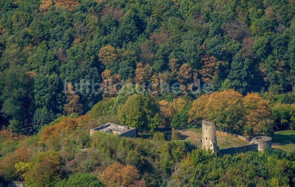 Wetter (Ruhr) von oben - Ruine und Mauerreste der ehemaligen Burganlage der Veste Burgruine Burg Volmarstein in Wetter (Ruhr) im Bundesland Nordrhein-Westfalen, Deutschland