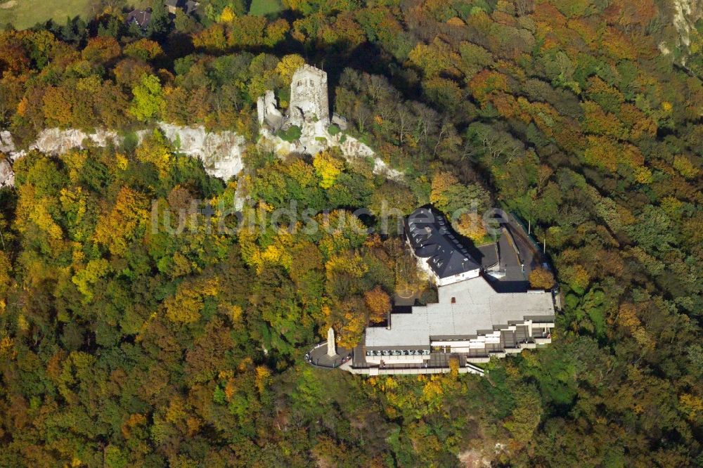 Königswinter von oben - Ruine und Mauerreste der ehemaligen Burganlage der Veste Drachenfels in Königswinter im Bundesland Nordrhein-Westfalen, Deutschland