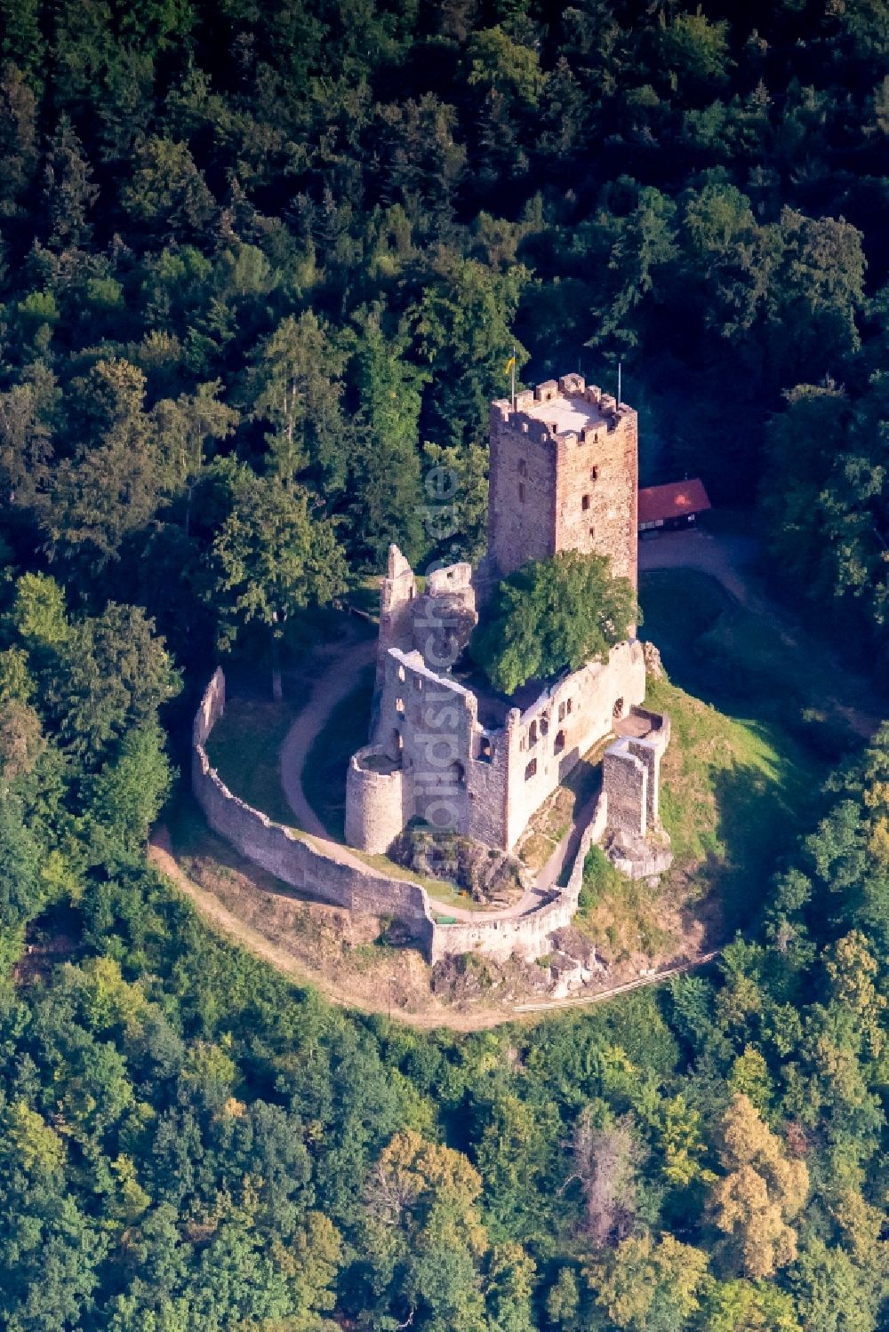 Waldkirch aus der Vogelperspektive: Ruine und Mauerreste der ehemaligen Burganlage der Veste Kastellburg in Waldkirch im Bundesland Baden-Württemberg, Deutschland