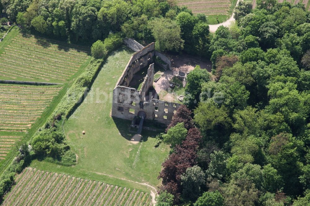 Oppenheim von oben - Ruine und Mauerreste der ehemaligen Burganlage der Veste Landskrone in Oppenheim im Bundesland Rheinland-Pfalz, Deutschland