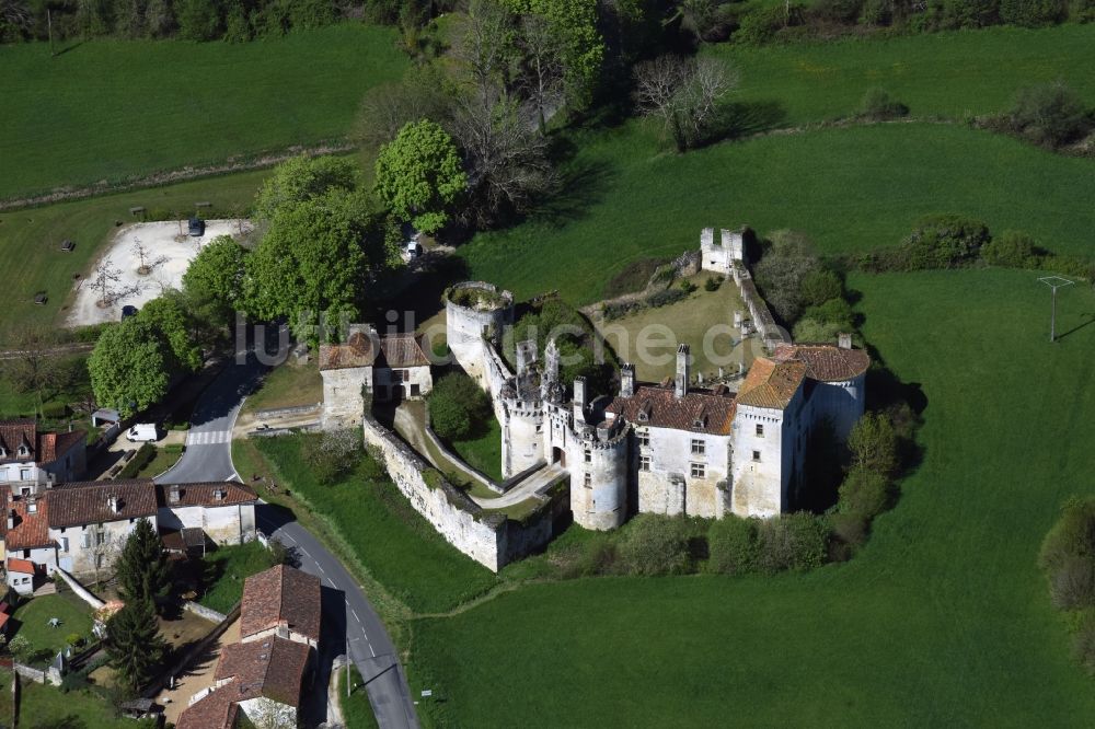 Luftbild Mareuil - Ruine und Mauerreste der ehemaligen Burganlage der Veste in Mareuil in Aquitaine Limousin Poitou-Charentes, Frankreich