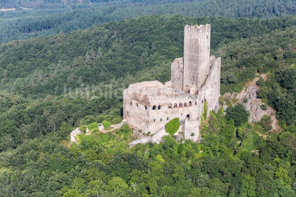 Scherwiller aus der Vogelperspektive: Ruine und Mauerreste der ehemaligen Burganlage der Veste Ramstein in Scherwiller in Grand Est, Frankreich