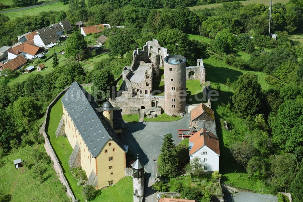 Luftbild Schwarzenfels - Ruine und Mauerreste der ehemaligen Burganlage der Veste in Schwarzenfels im Bundesland Hessen, Deutschland