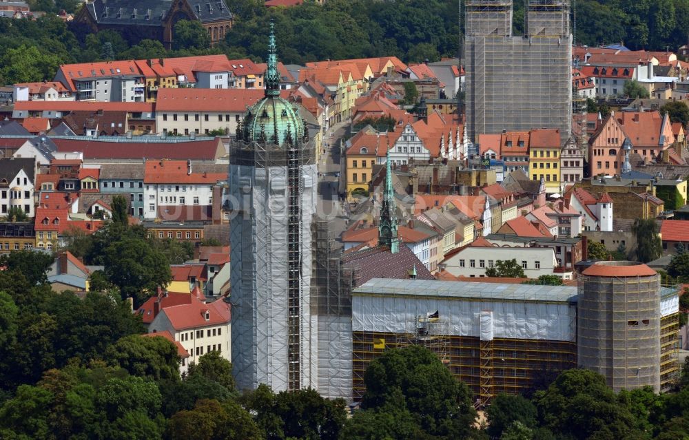 Wittenberg von oben - Sanierungs- , Umbau- und Restaurationsarbeiten an Turm und Kirchenbauten der Schlosskirche in Wittenberg in Sachsen-Anhalt