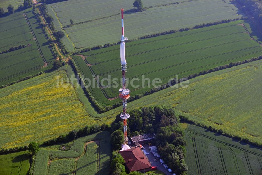 Luftbild Groß Disnack - Sanierungsarbeiten am Antennenträger- Mast auf dem Fernsehturm- Umsetzer- Sendemast bei Groß Disnack im Bundesland Schleswig-Holstein