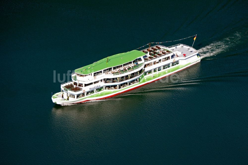 Luftaufnahme Olpe - Schiff MS Westfalen auf dem Biggesee bei Olpe im Bundesland Nordrhein-Westfalen