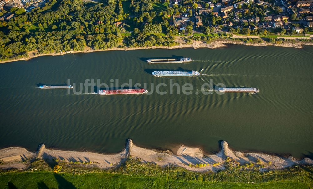 Luftbild Duisburg - Schiffe und Schleppverbände der Binnenschiffahrt in Fahrt auf der Wasserstraße des Flußverlaufes des Rhein in Duisburg im Bundesland Nordrhein-Westfalen