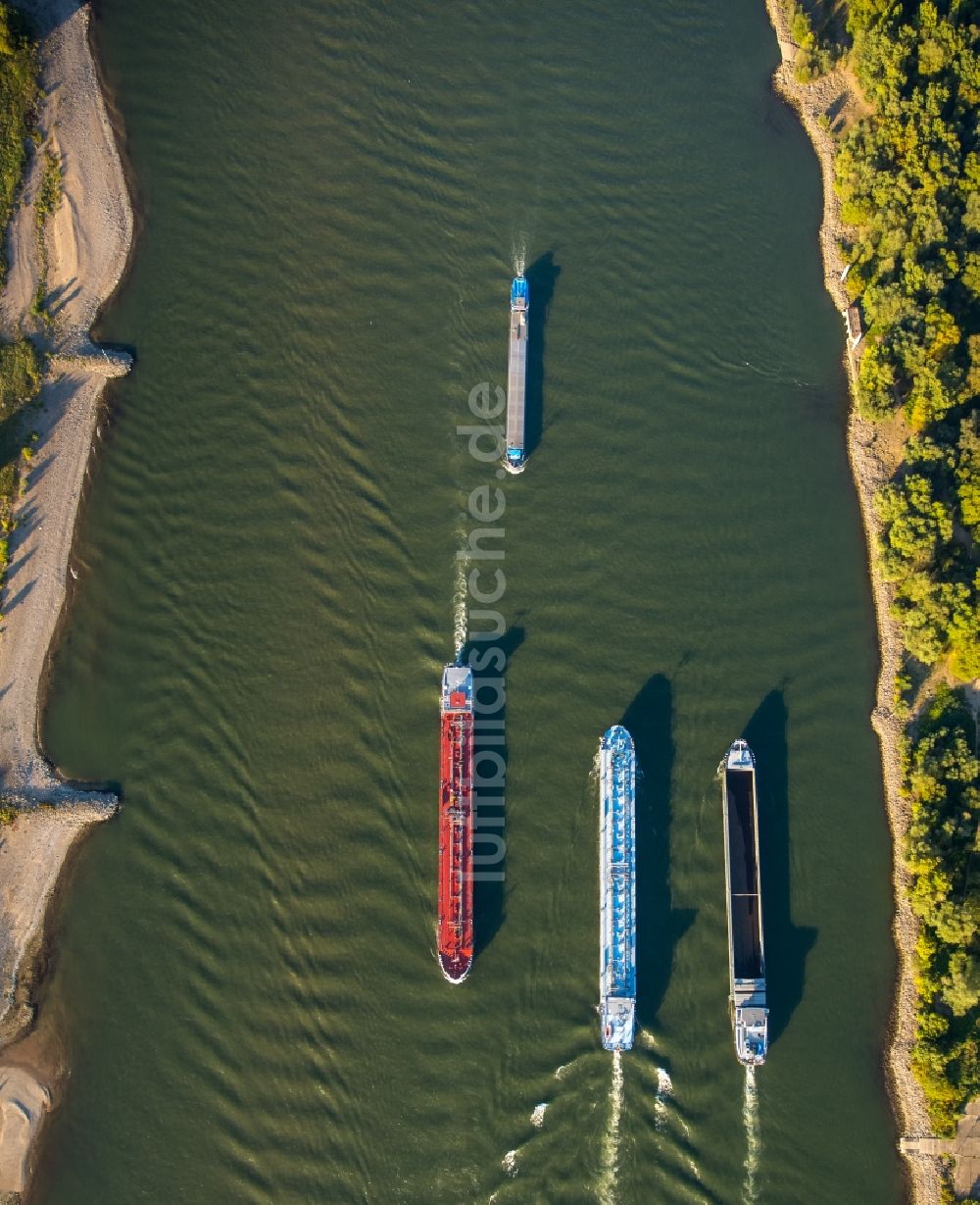 Duisburg von oben - Schiffe und Schleppverbände der Binnenschiffahrt in Fahrt auf der Wasserstraße des Flußverlaufes des Rhein in Duisburg im Bundesland Nordrhein-Westfalen