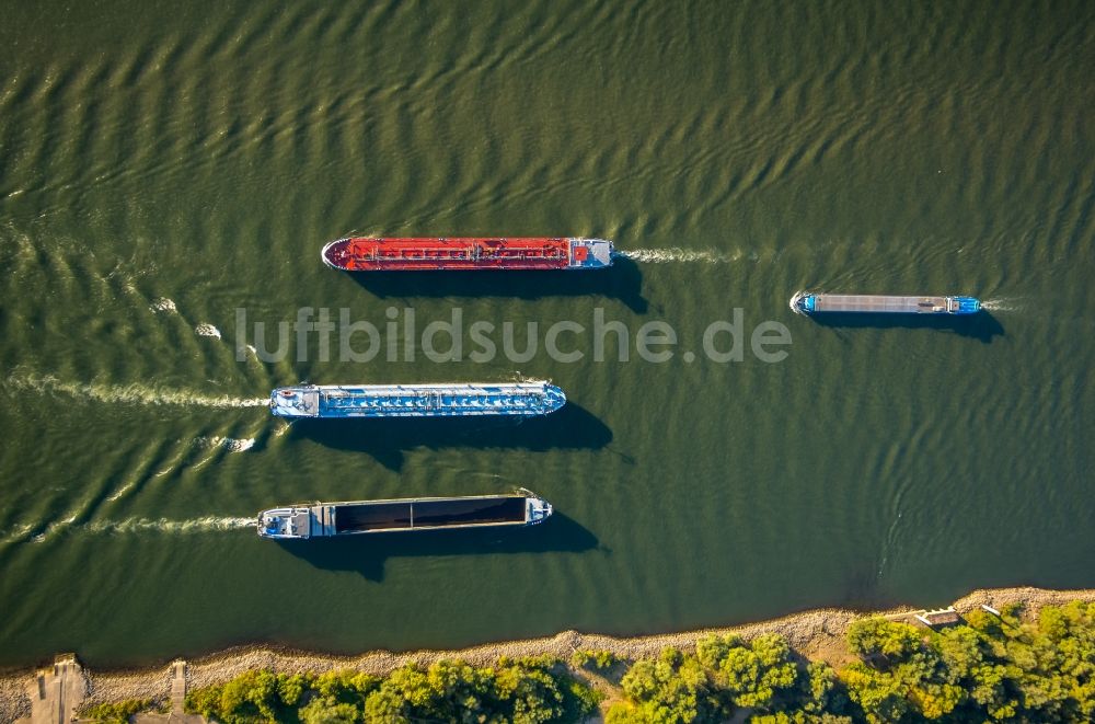 Luftaufnahme Duisburg - Schiffe und Schleppverbände der Binnenschiffahrt in Fahrt auf der Wasserstraße des Flußverlaufes des Rhein in Duisburg im Bundesland Nordrhein-Westfalen