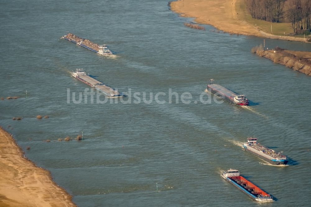 Luftaufnahme Duisburg - Schiffe und Schleppverbände der Binnenschiffahrt in Fahrt auf der Wasserstraße des Flußverlaufes des Rhein in Duisburg im Bundesland Nordrhein-Westfalen, Deutschland